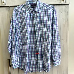 Vineyard Vines Slim Fit Tucker Shirt in plaid blues, mauve, navy, light teal.